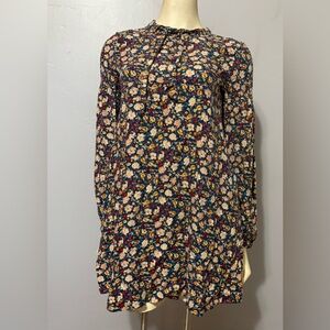 Zara-Boho Floral Smocked Long Sleeve Chocker Neck Midi Dress Size M Blue Spain